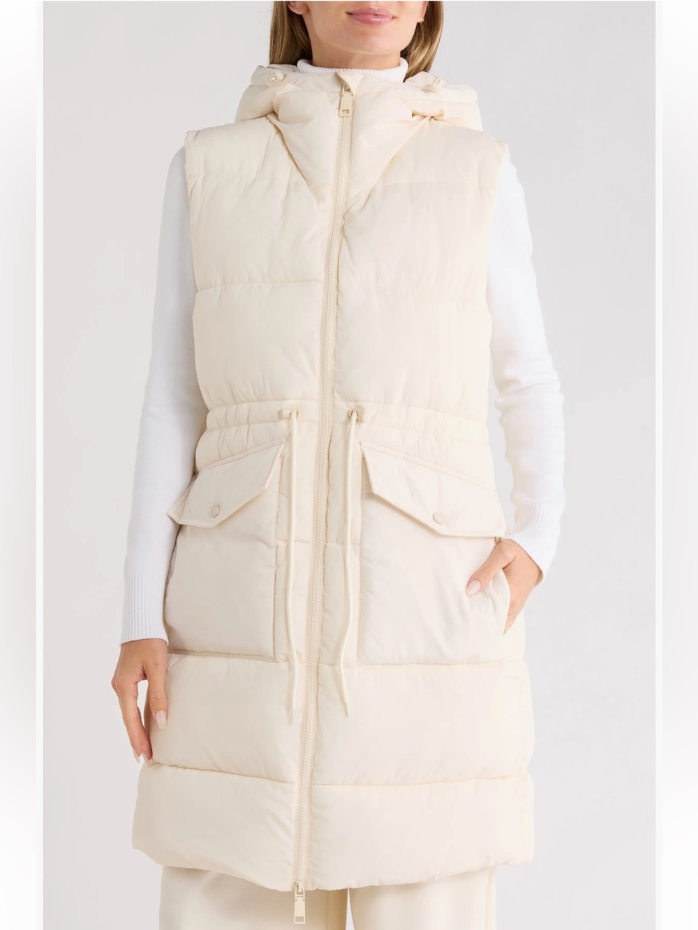Rebecca Minkoff NWT Chalk Long Hooded Puffer Vest Water Resistant Size M